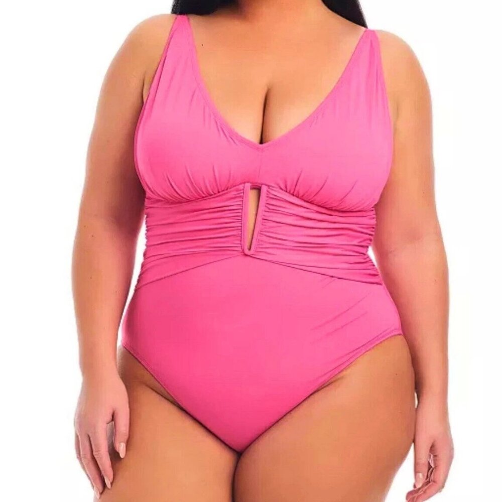Bleu by Rod Beattie Women's Plus Size Ruched One-Piece Swimsuit, Pink Bling, 20W